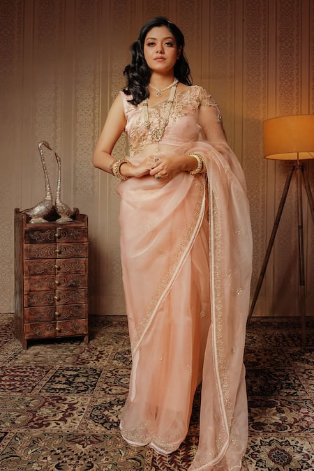 Heather Peach Tissue Kanjivaram Silk Saree With Floral Design  Singhanias
