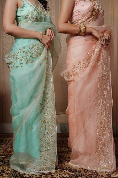 Shop Gul By Aishwarya Peach Saree Pure Organza And Blouse Satin Floral Embroidered With Online at Aza Fashions Shop_Gul By Aishwarya_Peach Saree Pure Organza And Blouse Satin Floral Embroidered With _Online_at_Aza_Fashions