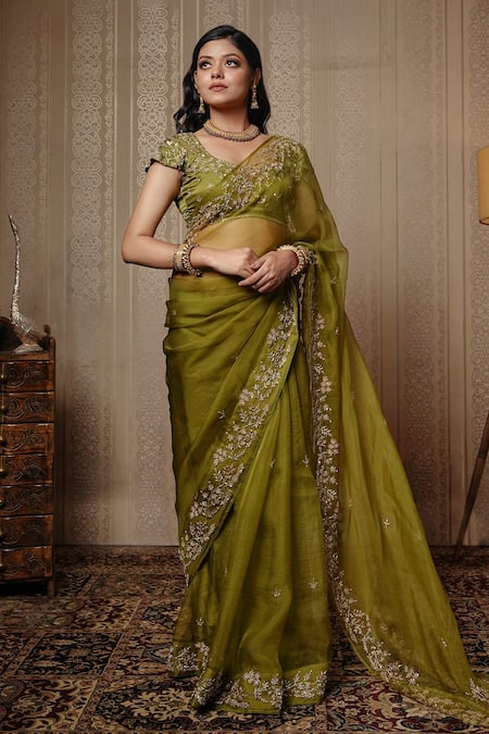 Desirable Mehendi Green Georgette Embroidered Border Party Wear Saree (Un-Stitched)
