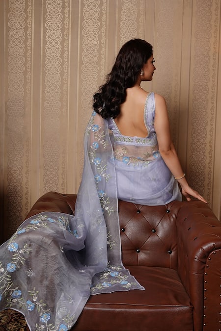 Shop Gul By Aishwarya Blue Saree Pure Organza And Blouse Satin Floral Embroidered With at Aza Fashions Shop_Gul By Aishwarya_Blue Saree Pure Organza And Blouse Satin Floral Embroidered With _at_Aza_Fashions