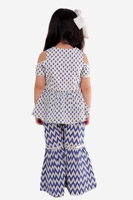 Shop_LIL DRAMA_Blue Cotton Embroidery Floral Print Kurta And Sharara Set _at_Aza_Fashions