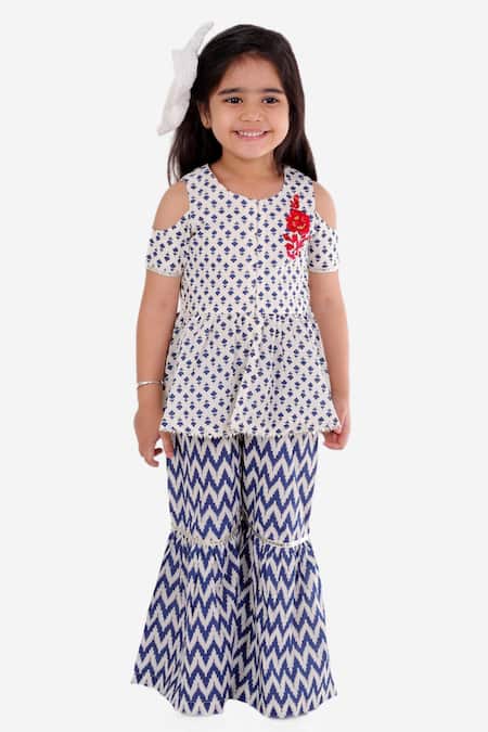 LIL DRAMA_Blue Cotton Embroidery Floral Print Kurta And Sharara Set _Online_at_Aza_Fashions