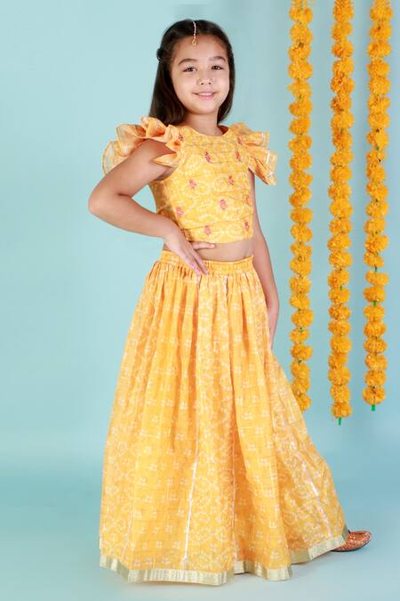 Lil Drama_Yellow Chanderi, Lurex Embroidery Bandhej Print Lehenga And Choli Set _Online_at_Aza_Fashions