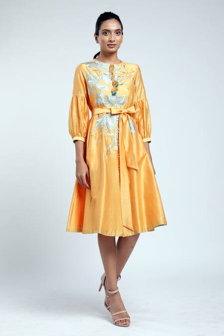 Buy_Madder Much_Yellow 80% Cotton 20% Silk Floral Keyhole Ella Embroidered Midi Dress _Online_at_Aza_Fashions