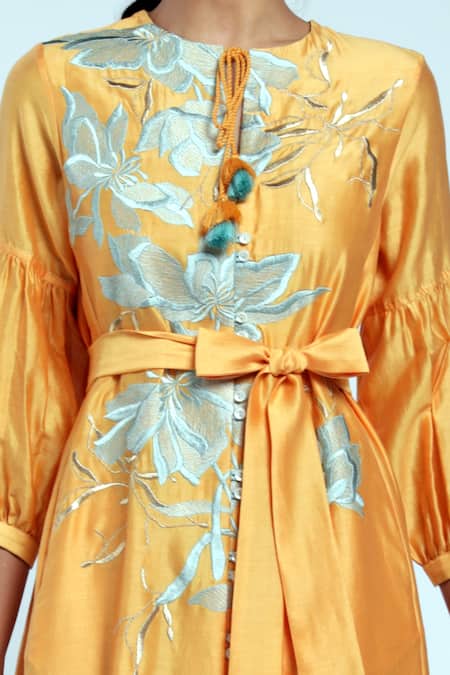 Madder Much_Yellow 80% Cotton 20% Silk Floral Keyhole Ella Embroidered Midi Dress _at_Aza_Fashions