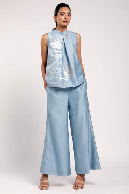 Buy_Madder Much_Blue 80% Cotton 20% Silk Floral High Neck Lea Embroidered Top And Pant Set _Online_at_Aza_Fashions