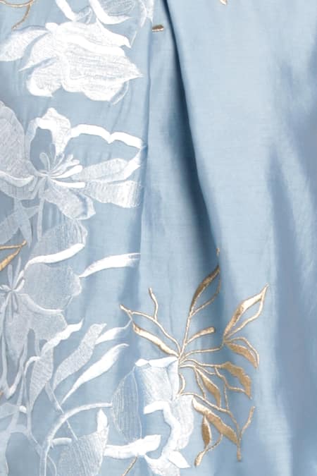 Madder Much_Blue 80% Cotton 20% Silk Floral High Neck Lea Embroidered Top And Pant Set _at_Aza_Fashions