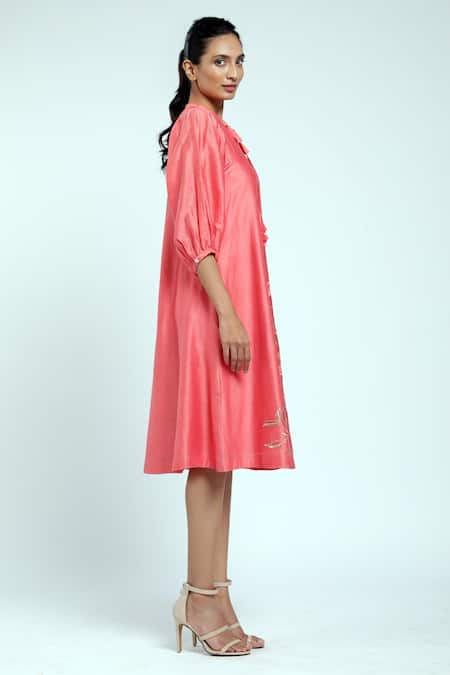 Madder Much Peach 80% Cotton 20% Silk Floral Keyhole Lara Embroidered Midi Dress Online at Aza Fashions Madder Much_Peach 80% Cotton 20% Silk Floral Keyhole Lara Embroidered Midi Dress _Online_at_Aza_Fashions