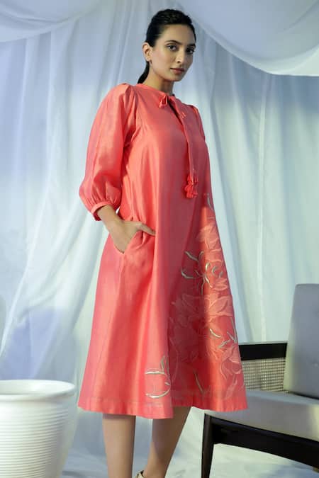 Shop Madder Much Peach 80% Cotton 20% Silk Floral Keyhole Lara Embroidered Midi Dress Online at Aza Fashions Shop_Madder Much_Peach 80% Cotton 20% Silk Floral Keyhole Lara Embroidered Midi Dress _Online_at_Aza_Fashions