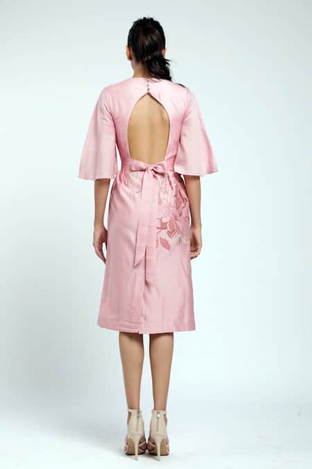 Shop Madder Much Pink 80% Cotton 20% Silk Floral V Neck Emma Embroidered Dress at Aza Fashions Shop_Madder Much_Pink 80% Cotton 20% Silk Floral V Neck Emma Embroidered Dress _at_Aza_Fashions