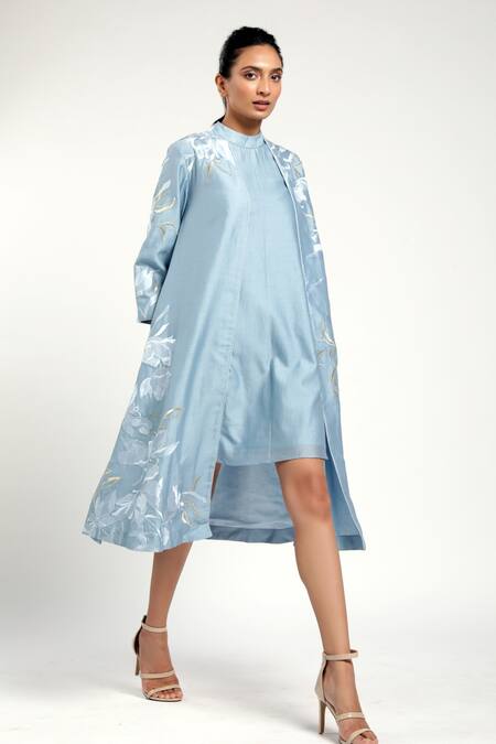 Madder Much Blue 80% Cotton 20% Silk Floral Dress Round High Neck, Lisa Embroidered And Online at Aza Fashions Madder Much_Blue 80% Cotton 20% Silk Floral Dress Round High Neck, Lisa Embroidered And _Online_at_Aza_Fashions