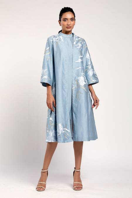 Buy Madder Much Blue 80% Cotton 20% Silk Floral Dress Round High Neck, Lisa Embroidered And Online at Aza Fashions Buy_Madder Much_Blue 80% Cotton 20% Silk Floral Dress Round High Neck, Lisa Embroidered And _Online_at_Aza_Fashions