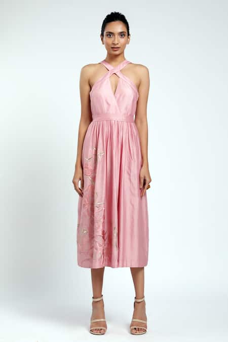Buy_Madder Much_Pink 80% Cotton 20% Silk Floral Halter Neck Sofia Dress _Online_at_Aza_Fashions