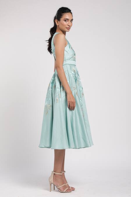 Madder Much_Blue 80% Cotton 20% Silk Floral Round Aqila Embroidered Gown _Online_at_Aza_Fashions