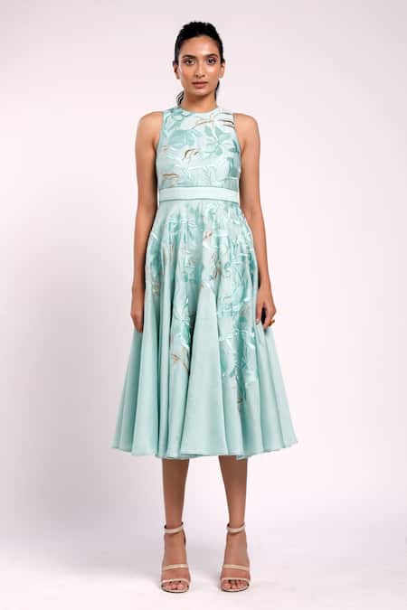 Buy_Madder Much_Blue 80% Cotton 20% Silk Floral Round Aqila Embroidered Gown _Online_at_Aza_Fashions