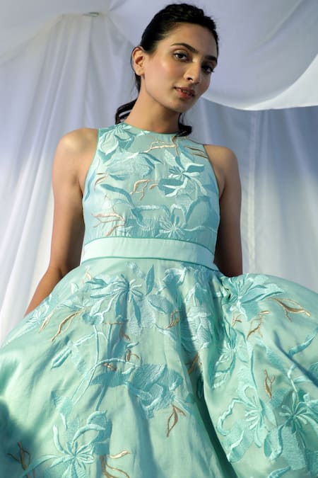 Shop_Madder Much_Blue 80% Cotton 20% Silk Floral Round Aqila Embroidered Gown _Online_at_Aza_Fashions