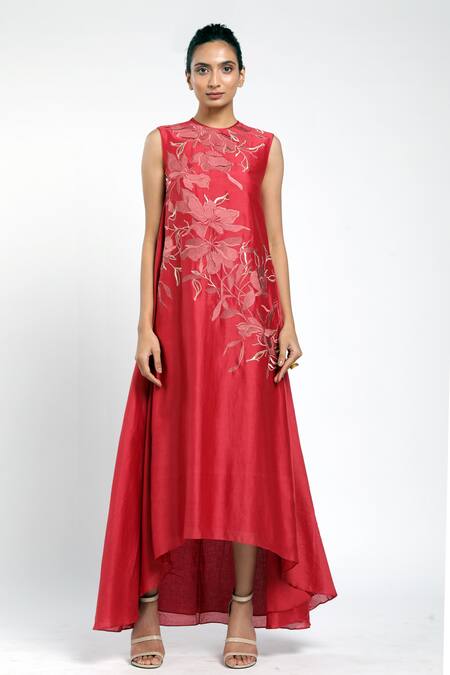 Buy Madder Much Red 80% Cotton 20% Silk Floral Round Nori Embroidered Gown Online at Aza Fashions Buy_Madder Much_Red 80% Cotton 20% Silk Floral Round Nori Embroidered Gown _Online_at_Aza_Fashions
