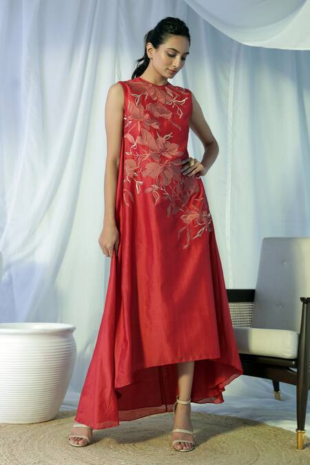 Shop Madder Much Red 80% Cotton 20% Silk Floral Round Nori Embroidered Gown Online at Aza Fashions Shop_Madder Much_Red 80% Cotton 20% Silk Floral Round Nori Embroidered Gown _Online_at_Aza_Fashions