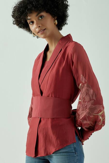 Buy_Madder Much_Red 80% Cotton 20% Silk Floral V Neck Niko Embroidered Sleeve Top _Online_at_Aza_Fashions