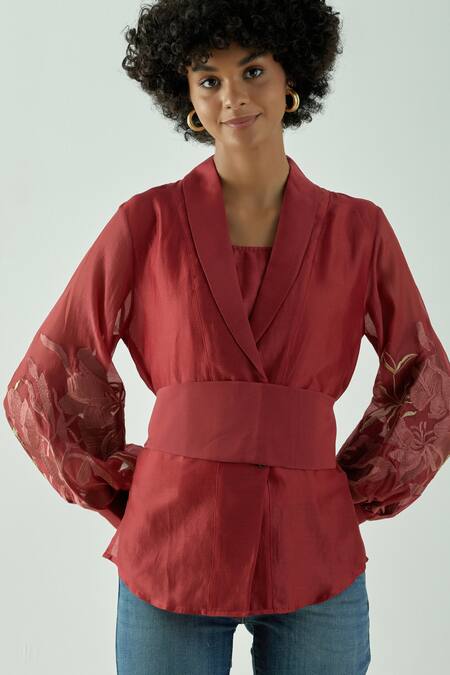 Shop_Madder Much_Red 80% Cotton 20% Silk Floral V Neck Niko Embroidered Sleeve Top _Online_at_Aza_Fashions