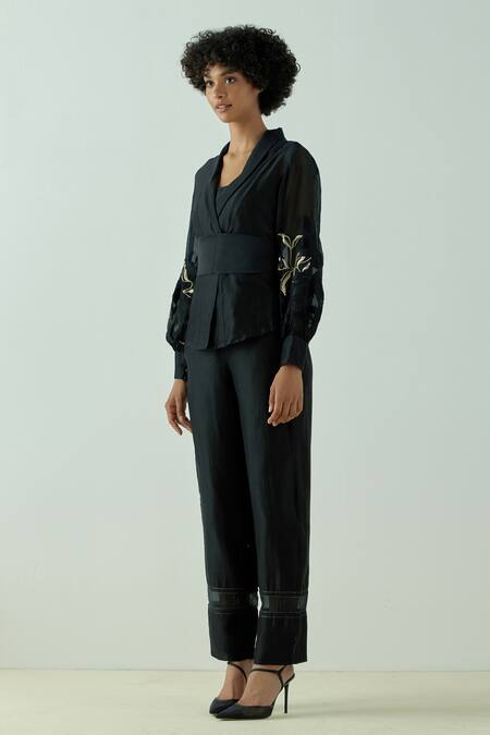 Madder Much_Black 80% Cotton 20% Silk Floral V Neck Grace Wrap Top And Pant Set _Online_at_Aza_Fashions
