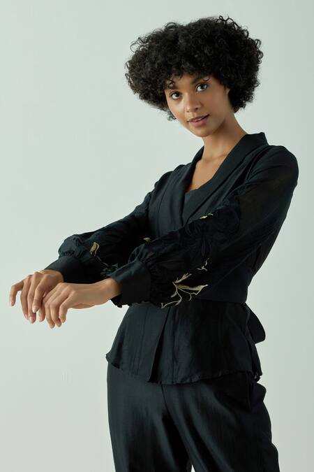 Buy_Madder Much_Black 80% Cotton 20% Silk Floral V Neck Grace Wrap Top And Pant Set _Online_at_Aza_Fashions