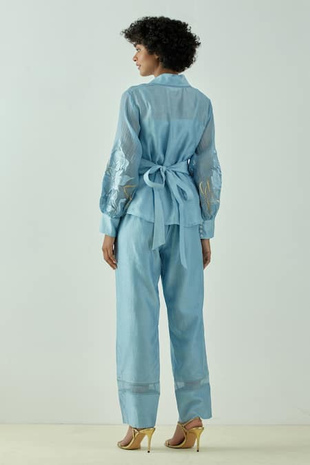 Shop_Madder Much_Blue 80% Cotton 20% Silk Embroidery Floral V Neck Grace Wrap Top And Pant Set _at_Aza_Fashions