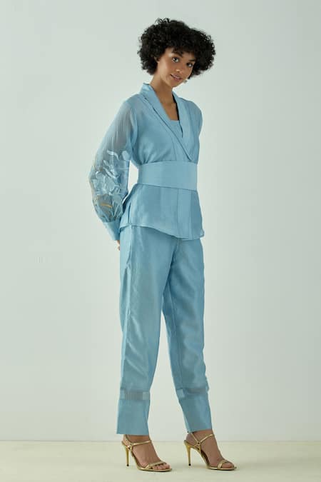 Madder Much_Blue 80% Cotton 20% Silk Embroidery Floral V Neck Grace Wrap Top And Pant Set _Online_at_Aza_Fashions