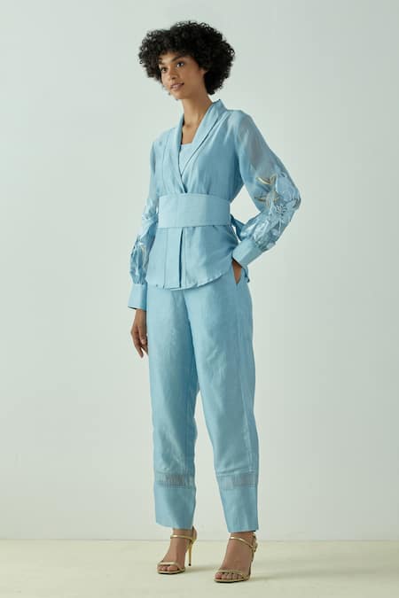 Buy_Madder Much_Blue 80% Cotton 20% Silk Embroidery Floral V Neck Grace Wrap Top And Pant Set _Online_at_Aza_Fashions