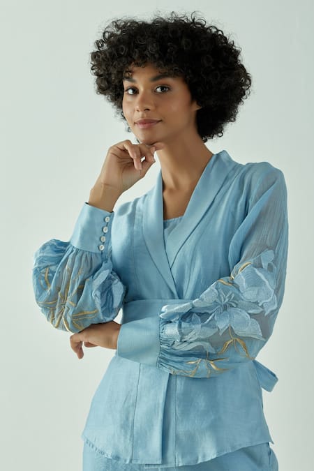 Shop_Madder Much_Blue 80% Cotton 20% Silk Embroidery Floral V Neck Grace Wrap Top And Pant Set _Online_at_Aza_Fashions