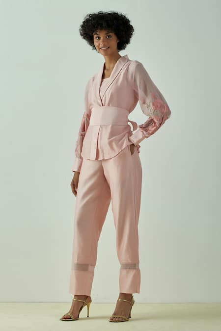 Madder Much_Pink 80% Cotton 20% Silk Floral V Neck Grace Wrap Top And Pant Set _Online_at_Aza_Fashions
