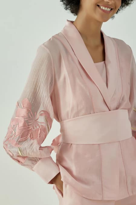 Buy_Madder Much_Pink 80% Cotton 20% Silk Floral V Neck Grace Wrap Top And Pant Set _Online_at_Aza_Fashions