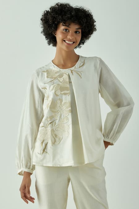 Buy_Madder Much_White 80% Cotton 20% Silk Floral Round Miriam Demure Top And Pant Set _Online_at_Aza_Fashions