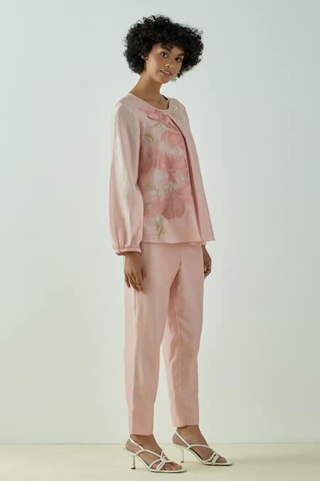 Madder Much_Pink 80% Cotton 20% Silk Floral Round Miriam Demure Top And Pant Set _Online_at_Aza_Fashions