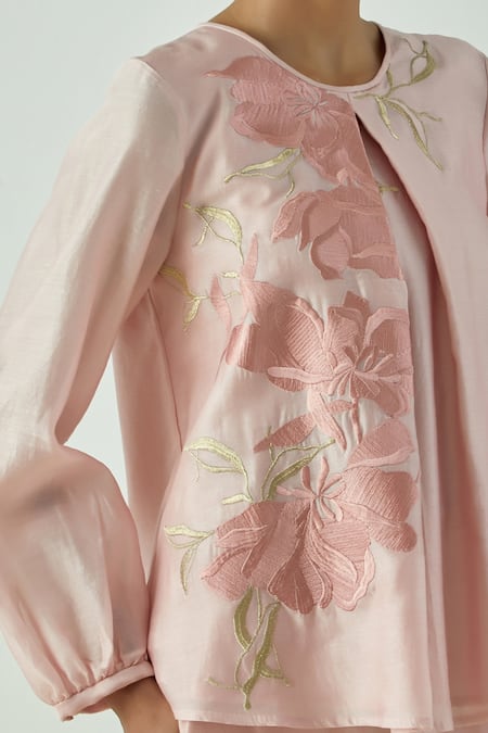 Buy_Madder Much_Pink 80% Cotton 20% Silk Floral Round Miriam Demure Top And Pant Set _Online_at_Aza_Fashions