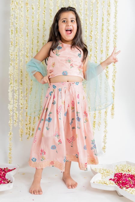 MR Brat_Pink Muslin Embroidery Floral Print Lehenga Set _Online_at_Aza_Fashions