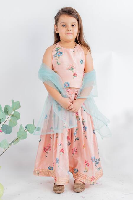 Buy_MR Brat_Pink Muslin Embroidery Floral Print Lehenga Set _Online_at_Aza_Fashions