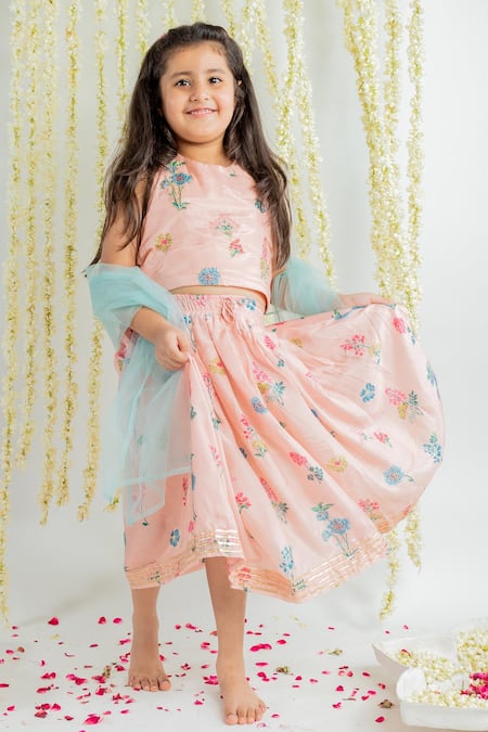 Shop_MR Brat_Pink Muslin Embroidery Floral Print Lehenga Set _Online_at_Aza_Fashions