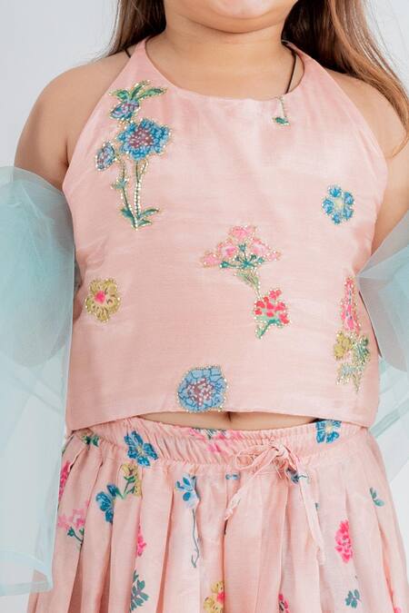 MR Brat_Pink Muslin Embroidery Floral Print Lehenga Set _at_Aza_Fashions