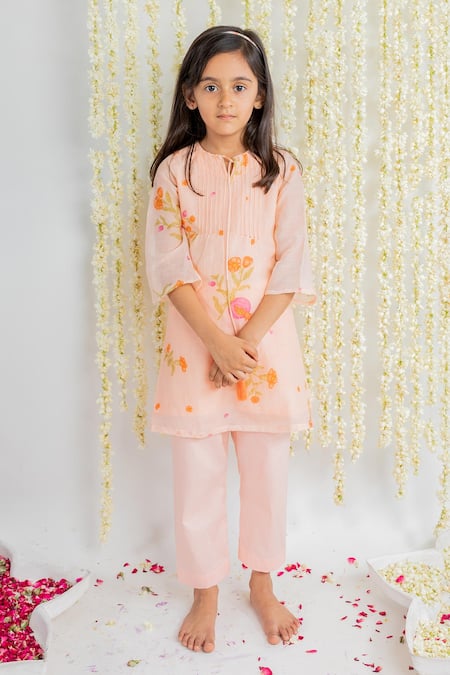 MR Brat_Peach Muslin, Cotton Embroidery Floral Print Kurta And Pant Set _Online_at_Aza_Fashions