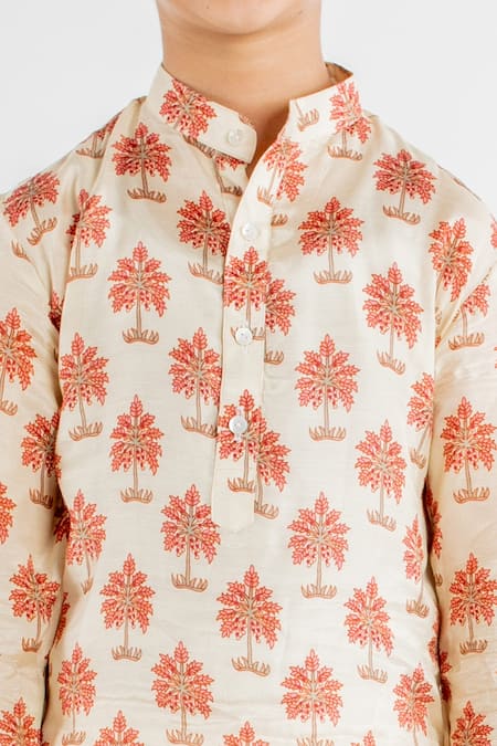 MR Brat_Beige Cotton, Muslin Tree Print Kurta Set _Online_at_Aza_Fashions