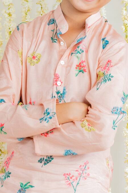MR Brat_Pink Cotton, Muslin Embroidery Floral Print Kurta Set _Online_at_Aza_Fashions