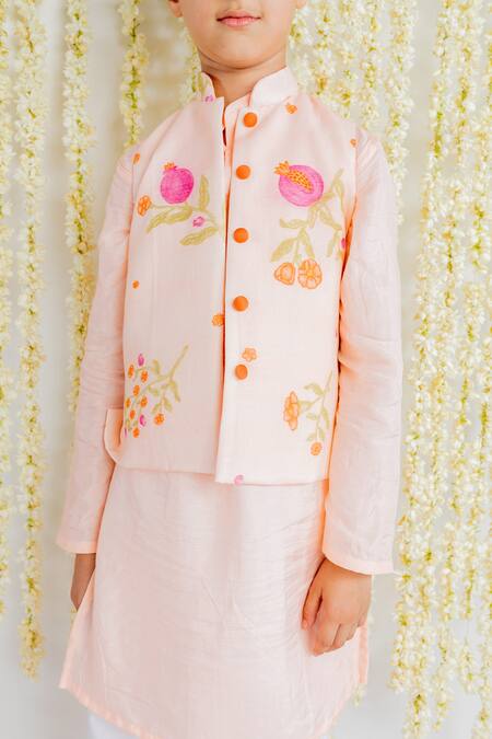 MR Brat_Pink Muslin, Cotton Embroidery Anar Print Kurta Set With Bundi _Online_at_Aza_Fashions