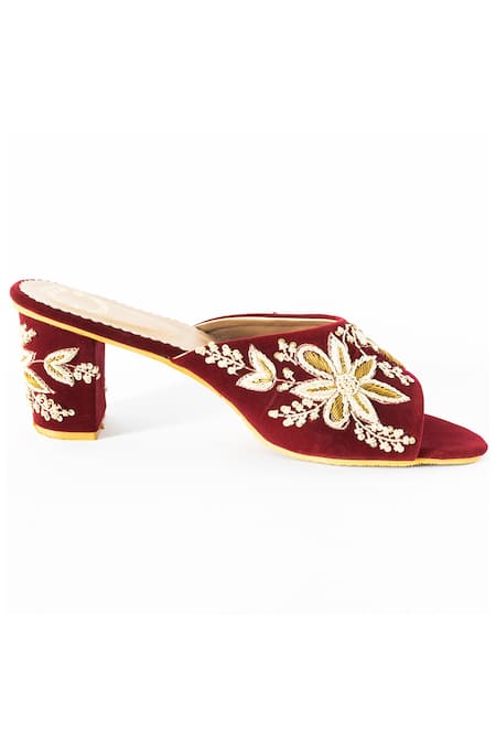 Shop_Shiveen Shiveen_Maroon Embroidered Narangam Block Heels _Online_at_Aza_Fashions