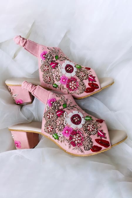 Shop Shiveen Shiveen Pink Embroidered Trisha Block Heels at Aza Fashions Shop_Shiveen Shiveen_Pink Embroidered Trisha Block Heels _at_Aza_Fashions