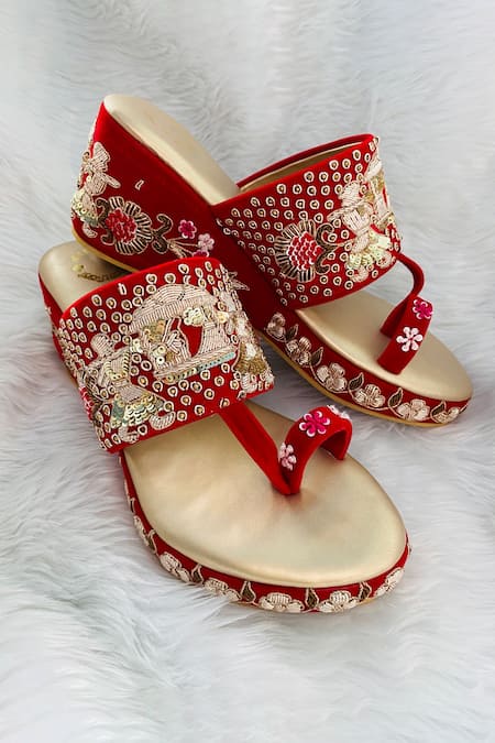 Rajasthani Stuff Palakhi Embroidered Kolhapuri Wedges 