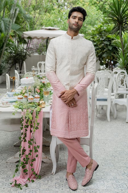 Varun Chakkilam Pink Twill Silk Embroidery Beads And Thread Ombre Sherwani & Pant Set  