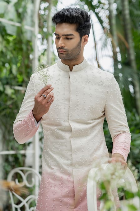 Shop Varun Chakkilam Pink Twill Silk Beads And Thread Ombre Sherwani & Pant Set at Aza Fashions Shop_Varun Chakkilam_Pink Twill Silk Beads And Thread Ombre Sherwani & Pant Set _at_Aza_Fashions
