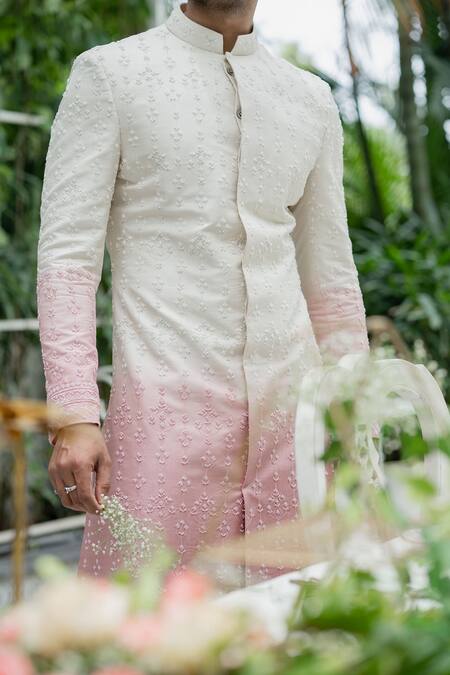 Varun Chakkilam Pink Twill Silk Beads And Thread Ombre Sherwani & Pant Set Online at Aza Fashions Varun Chakkilam_Pink Twill Silk Beads And Thread Ombre Sherwani & Pant Set _Online_at_Aza_Fashions