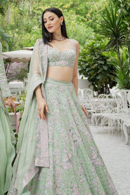 Varun Chakkilam_Green Silk Organza Cutdana And Sequin, Bugle Beads Embroidered Bridal Lehenga Set _Online_at_Aza_Fashions